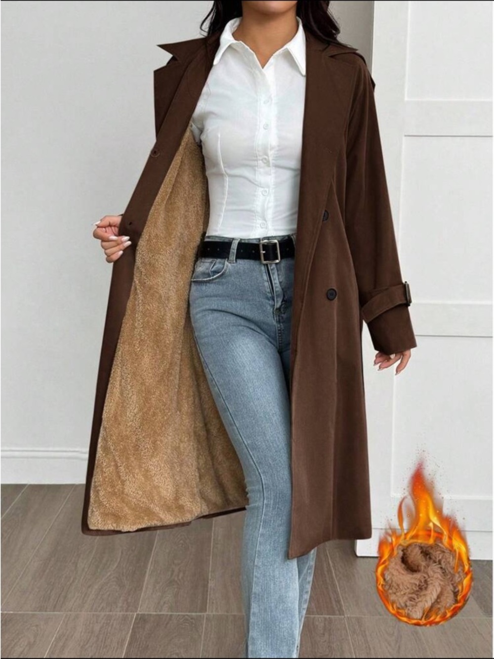 Brown Faux-Shearling Lined Trench Coat